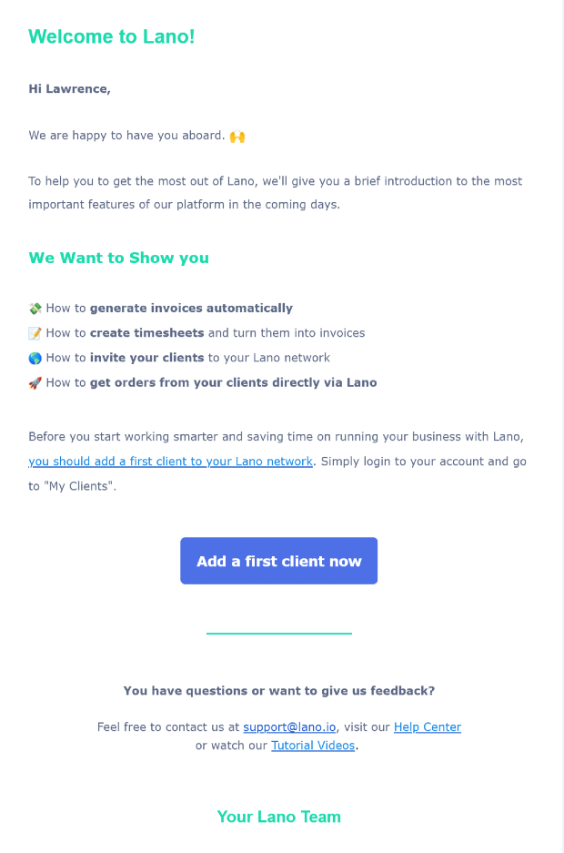 Lano onboarding email example