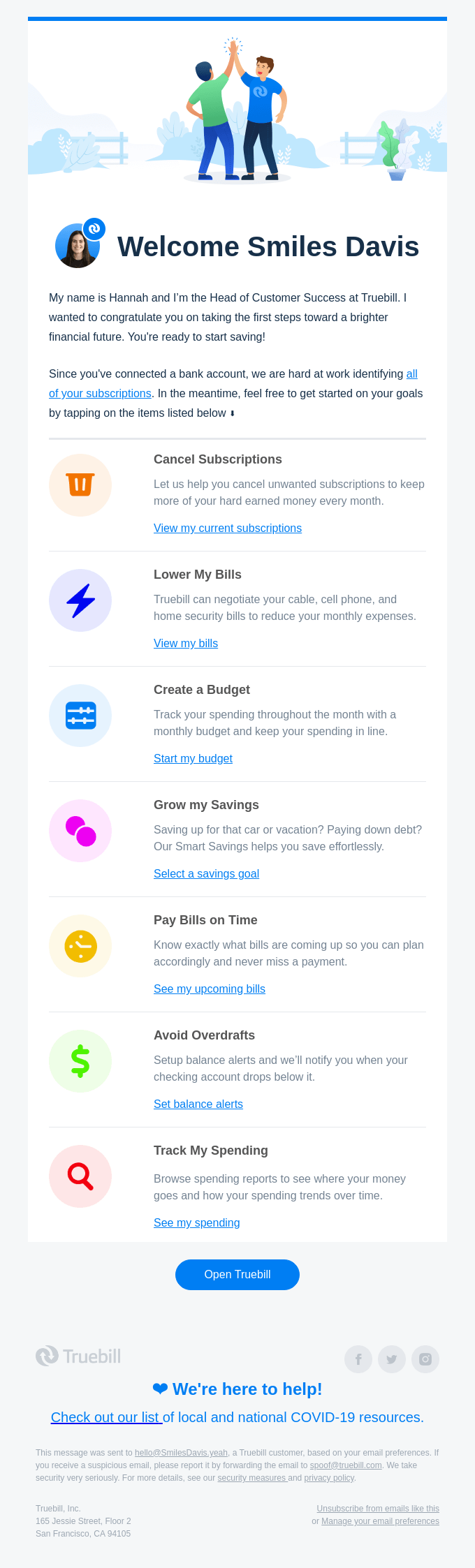 Truebill onboarding email example