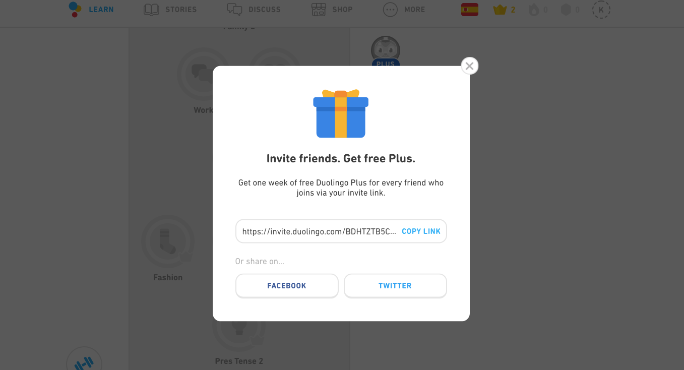DuoLingo referral code popup