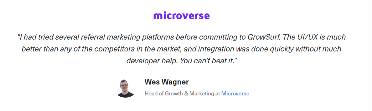 Microverse Growsurf testimonial