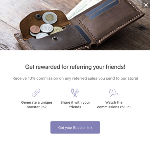 Kickbooster referral popup message