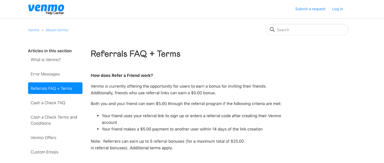 Venmo Referral Program FAQ page