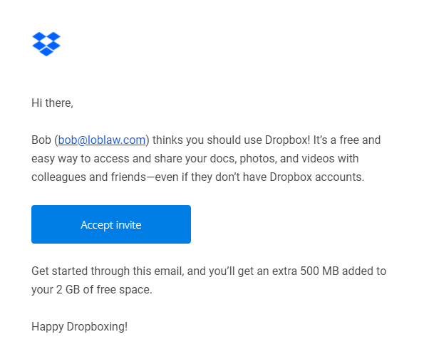Dropbox referral message example