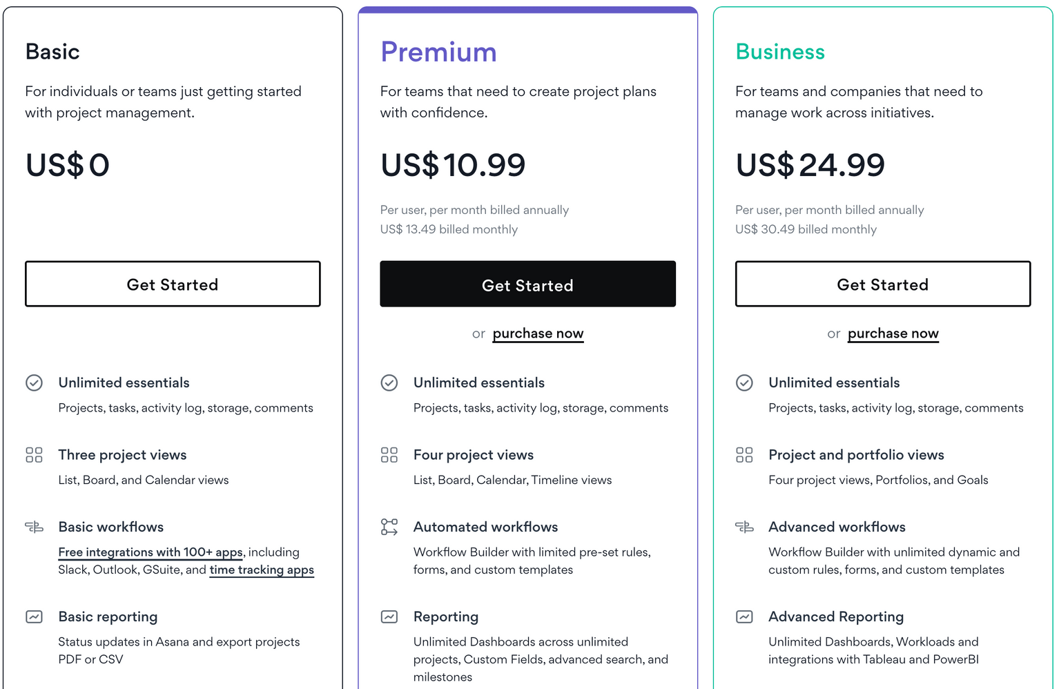 Asana pricing plans