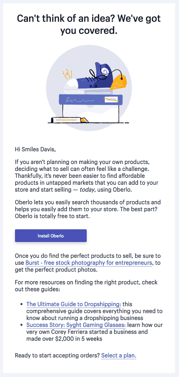 Shopify onboarding email example