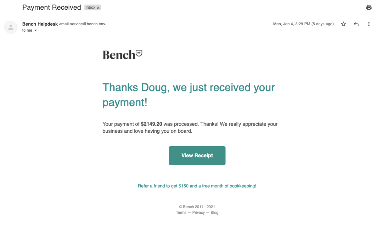 Bench Accounting receipt email