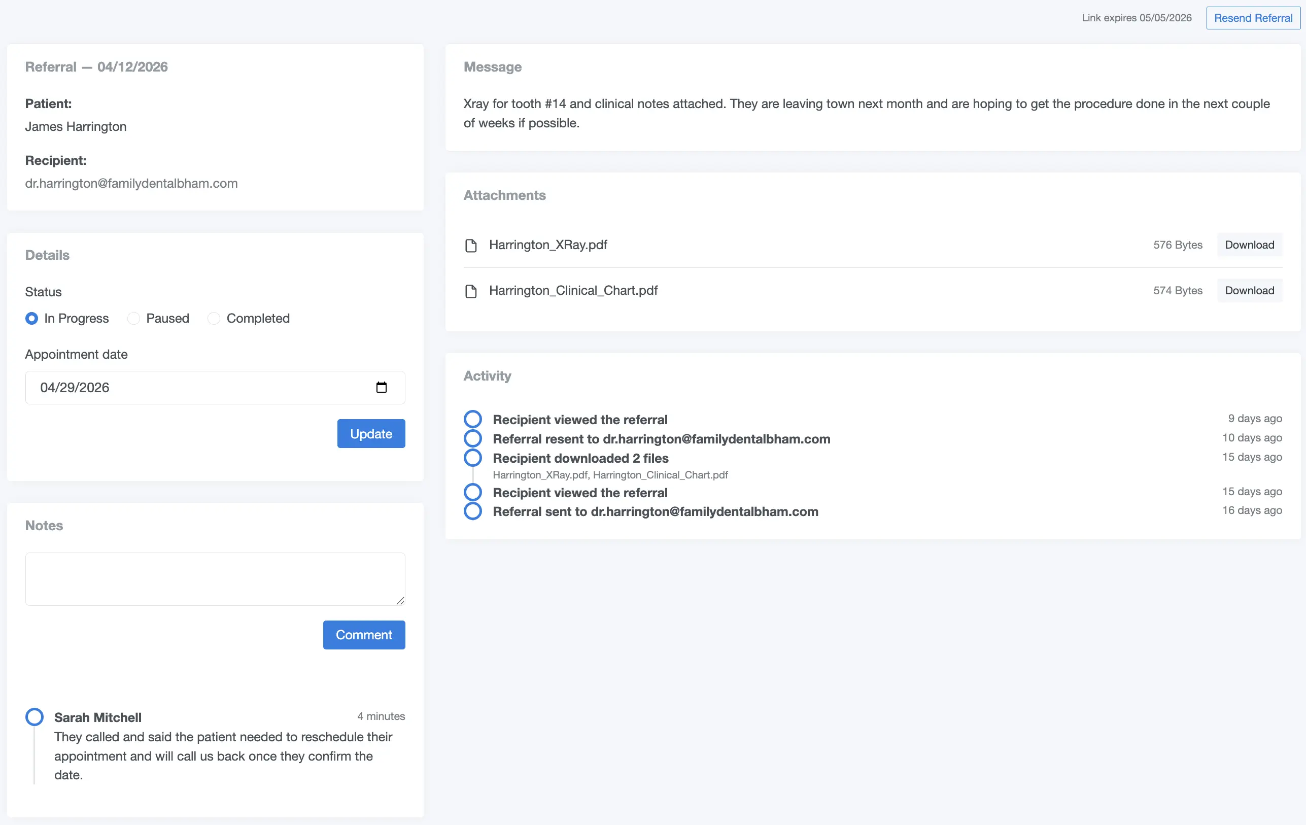 SentSafe referral status screen showing patient referral details, message, attachments, and status