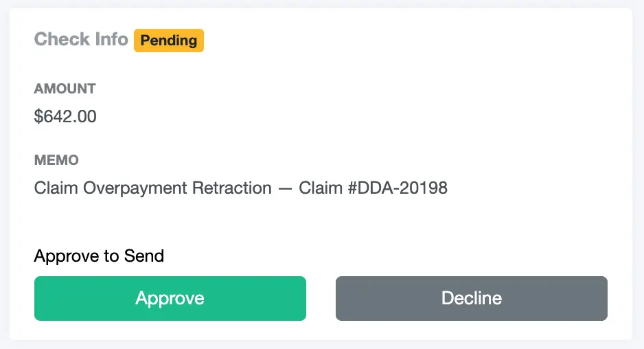 SentSafe check approval screen showing pending check status and approve or decline buttons