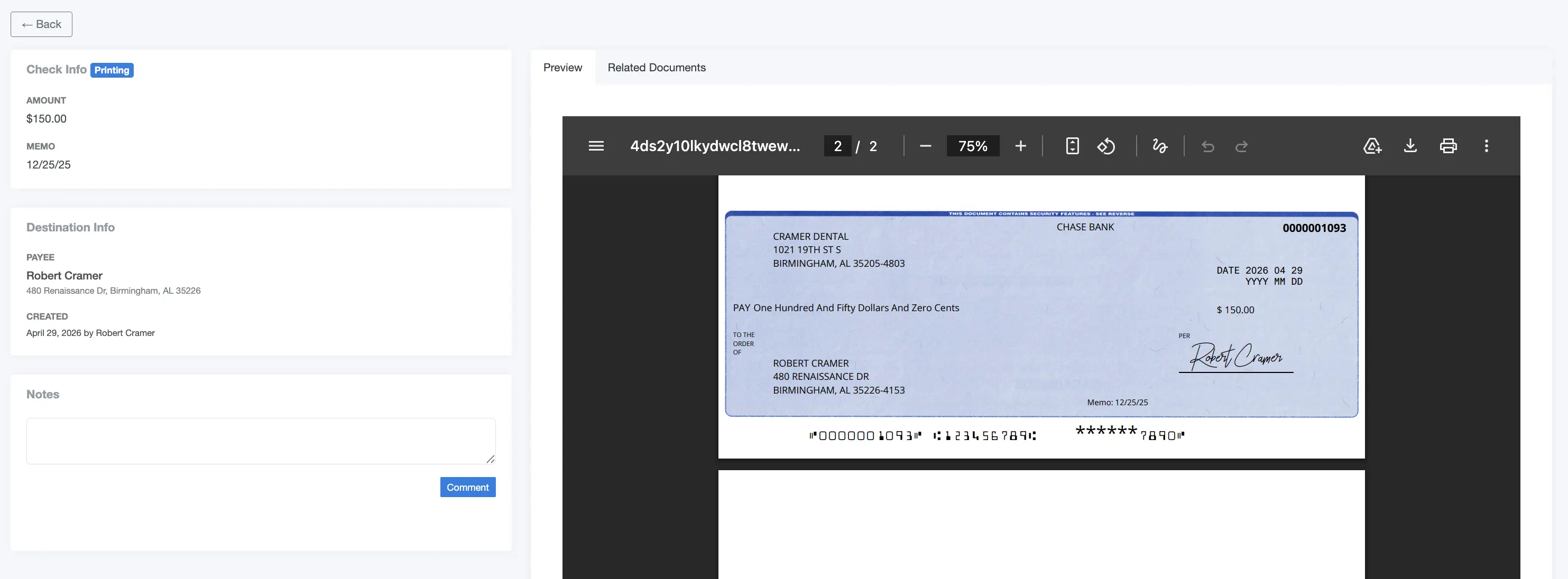 SentSafe check preview screen showing payment details and generated check preview