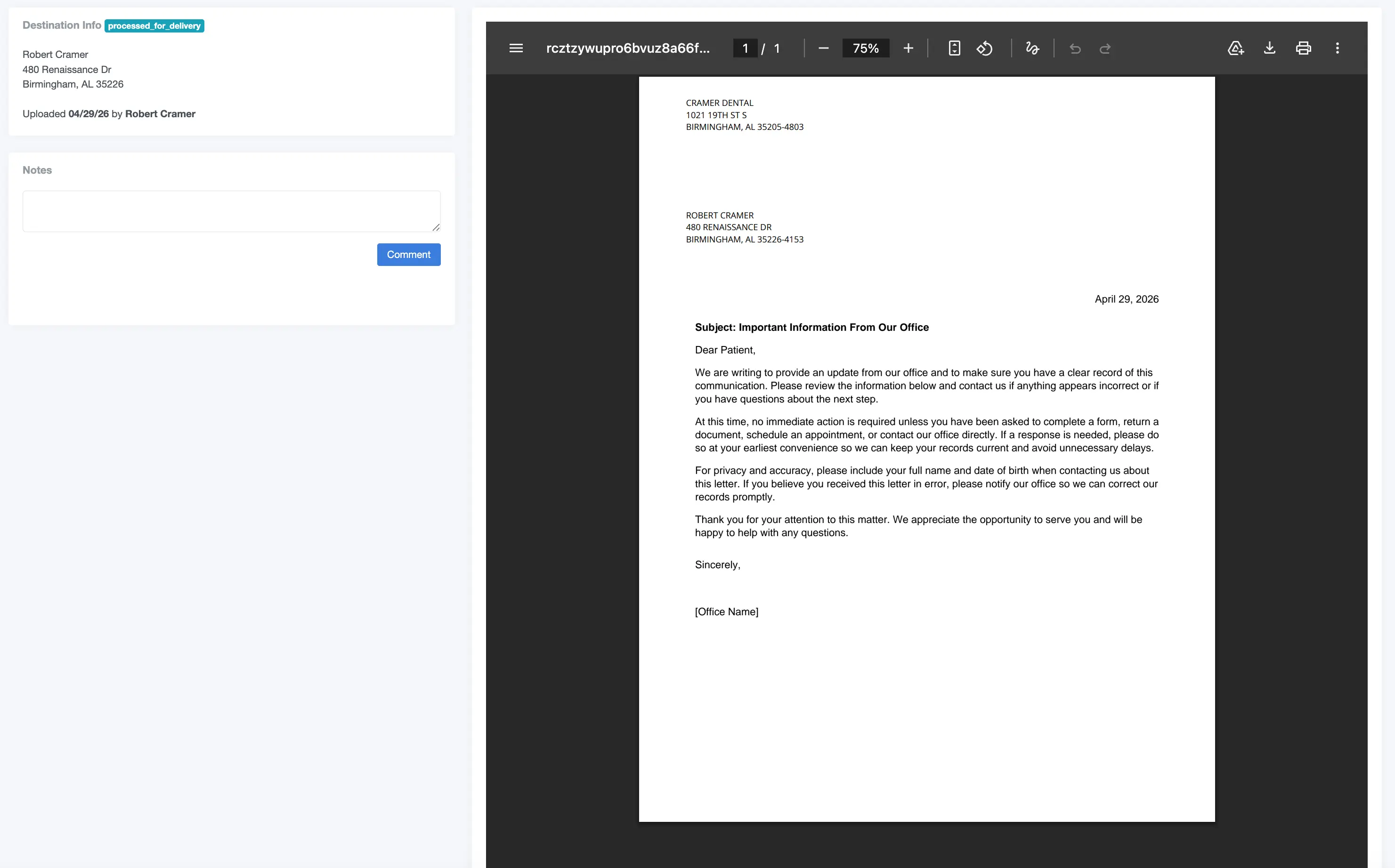 SentSafe letter preview screen showing mailing details and generated letter preview