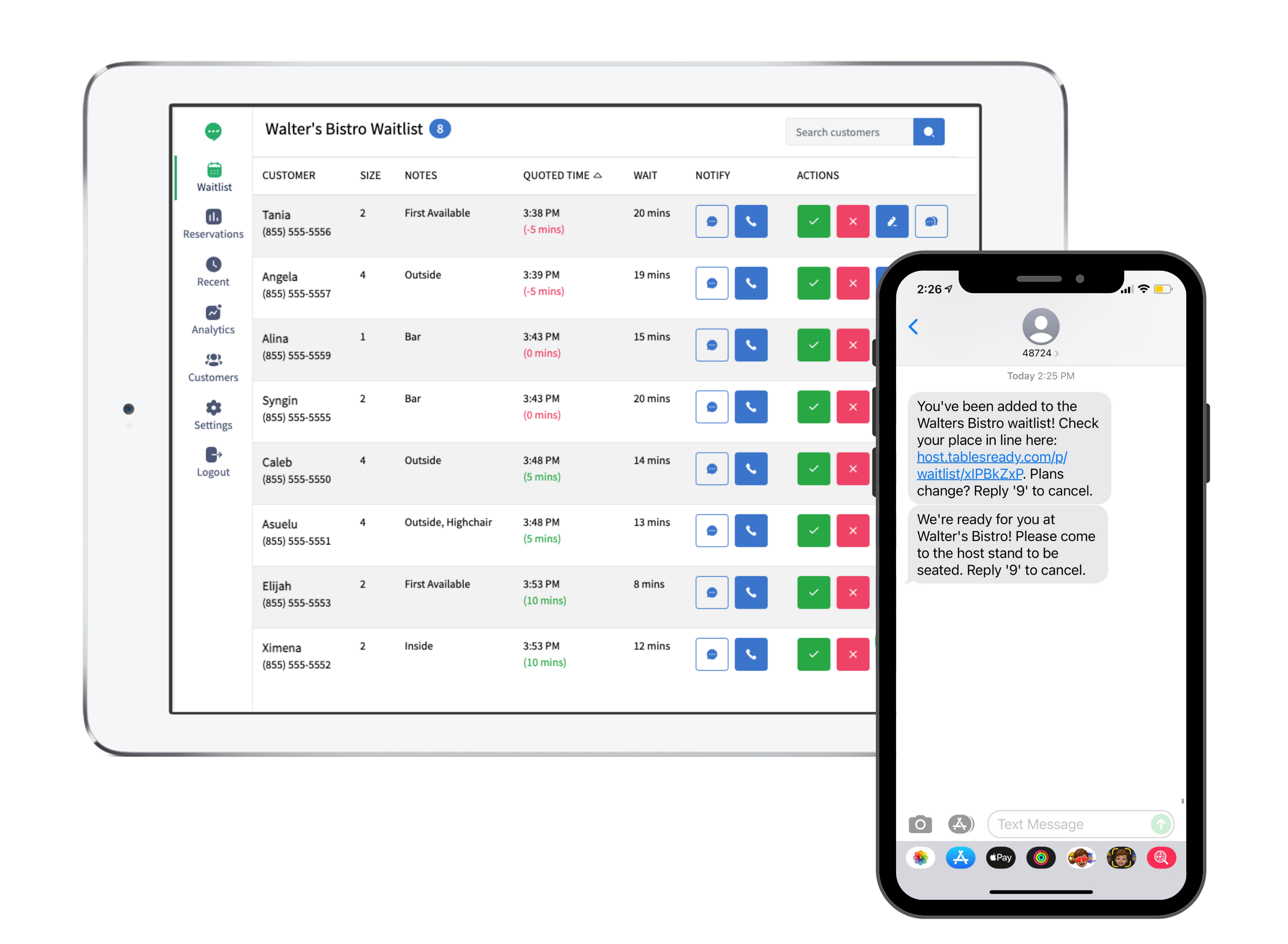 TablesReady waitlist and scheduling app and SMS screenshot