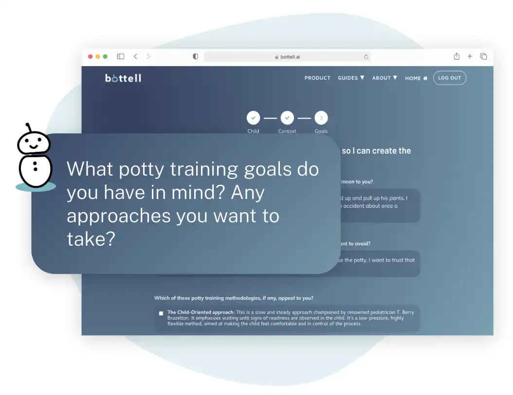 Screenshot of the potty training onboarding page with an example question.