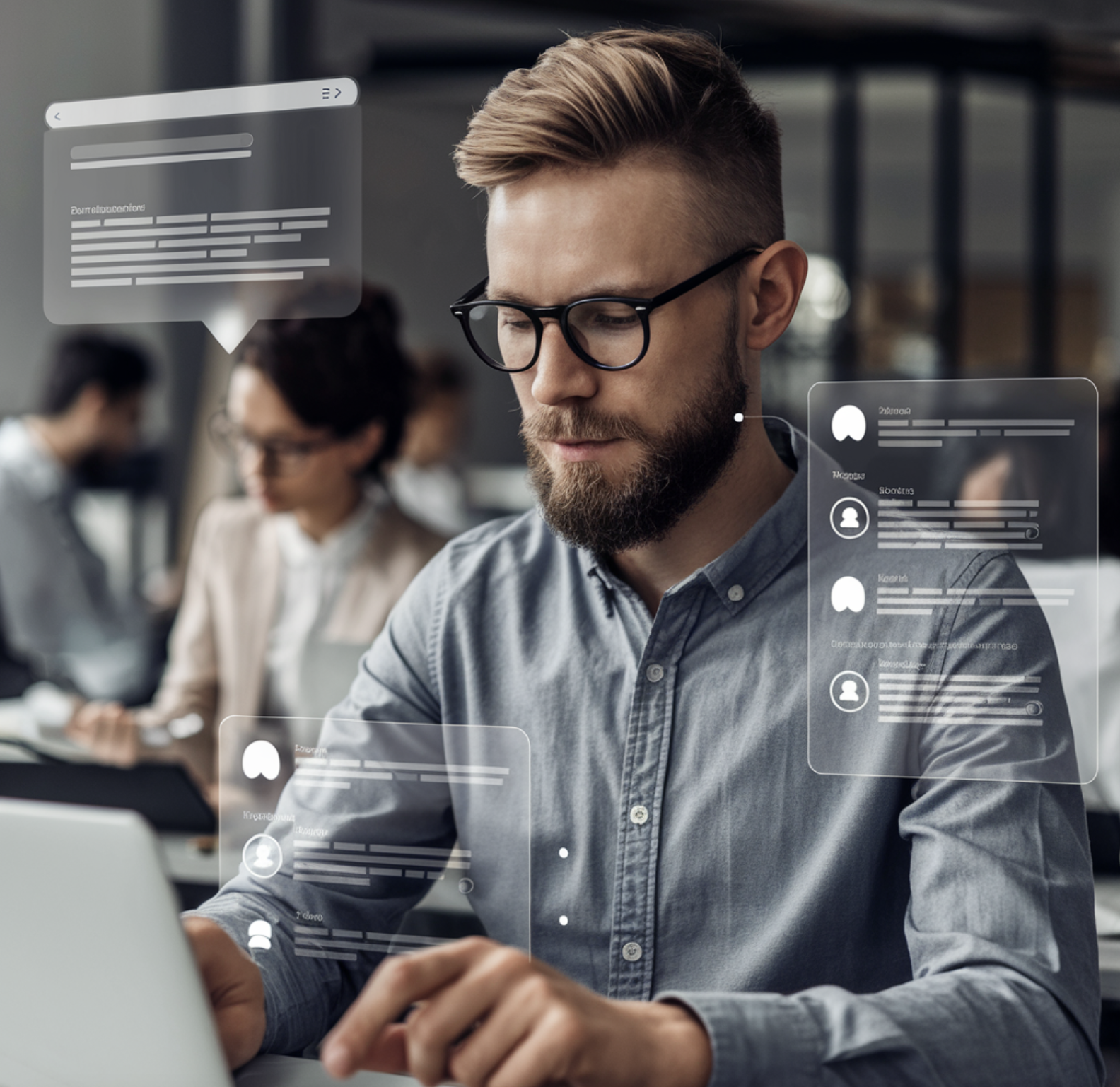 Mensch der in einem Großraum Büro an einem Laptop arbeitet vor ihm erscheinen digitale Skizzen