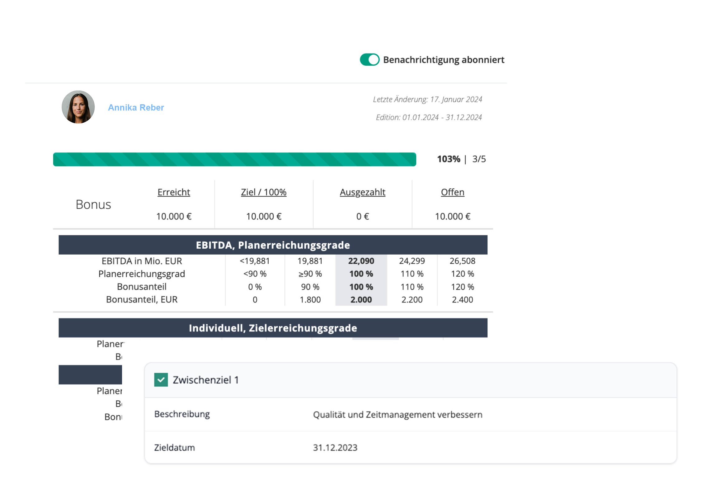 Screenshot der Boni Verwaltung in easyreview