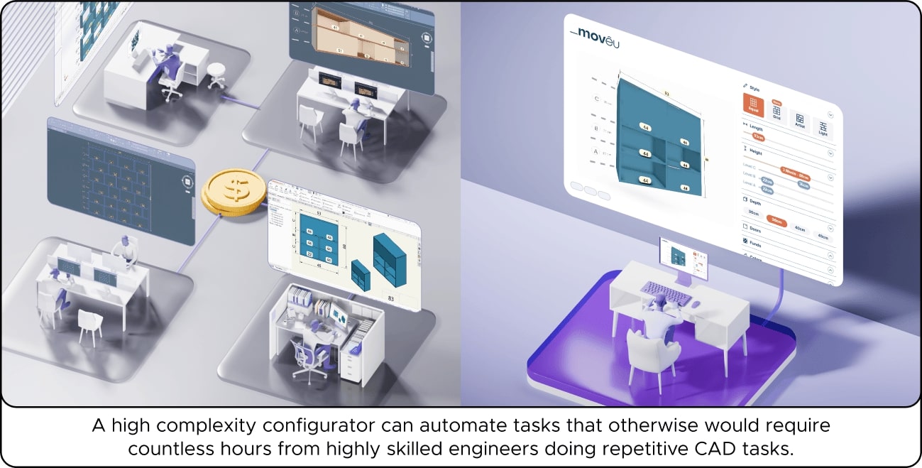 Digital workspace with engineers using CAD software and automation tools to streamline complex tasks, illustrating efficiency in design processes.