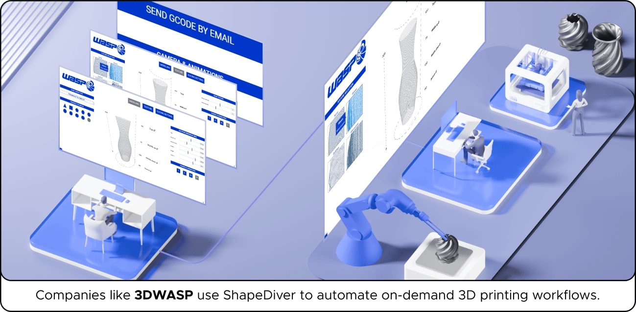 3D rendering of a digital workflow for 3D printing, featuring screens, robotic arms, and 3D printers in a modern tech environment.