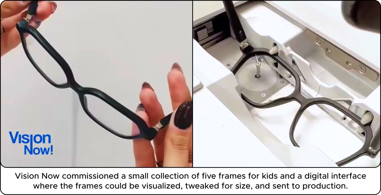 Close-up of a hand holding black glasses on the left; glasses frame in a digital interface on the right. Text: 