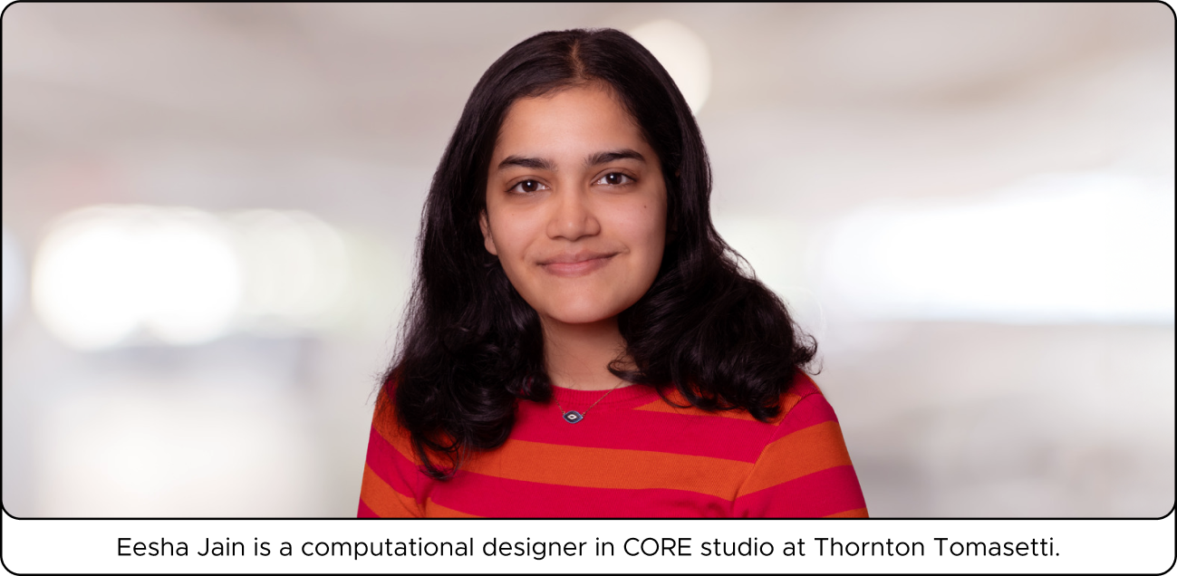 Eesha Jain. A person with long dark hair, wearing a red and orange striped shirt, smiling against a blurred background.