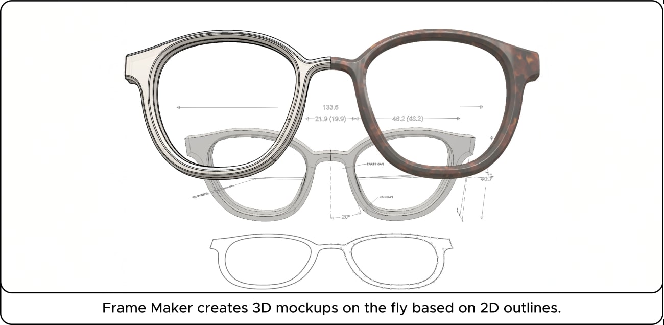 Two pairs of eyeglasses: one 3D brown frame and one 2D outline, showcasing design transformation with dimensions.