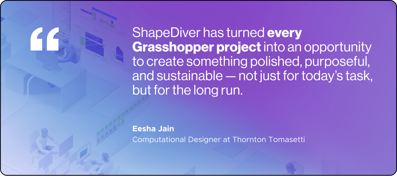 Quote about ShapeDiver's impact on Grasshopper projects, attributed to Eesha Jain, Computational Designer at Thornton Tomasetti, on a purple gradient background.