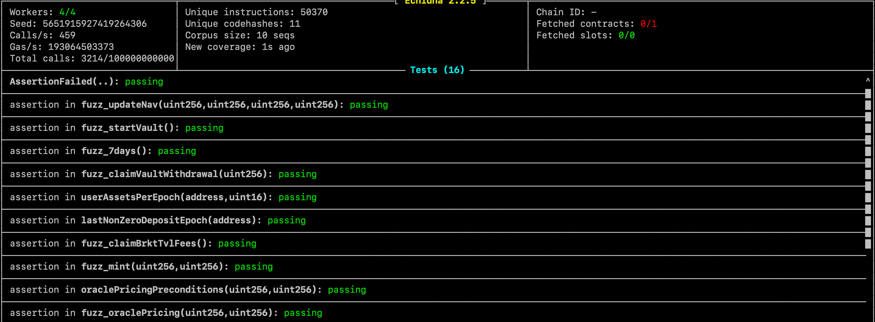 Echidna output showing test results and assertions with green passing status