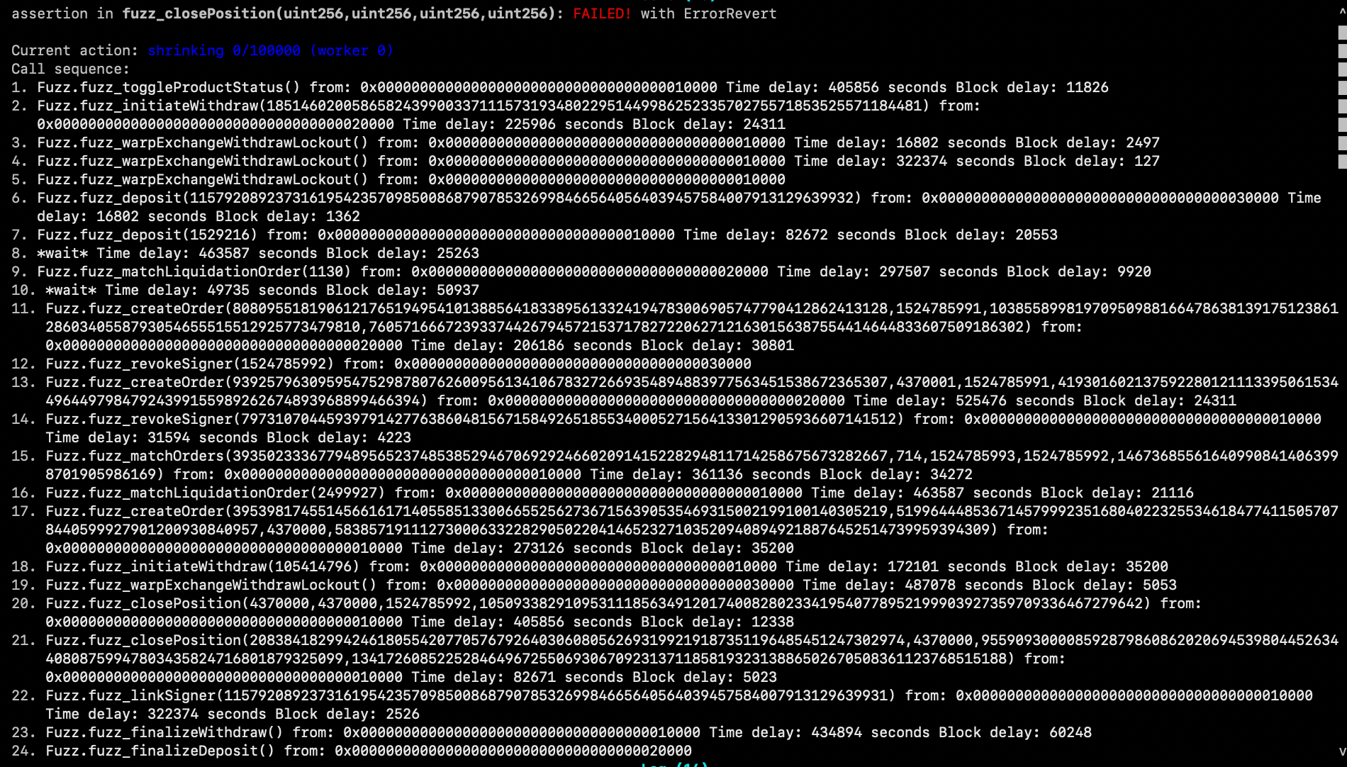 Complex Echidna call sequence showing multiple function calls with timestamps and parameters