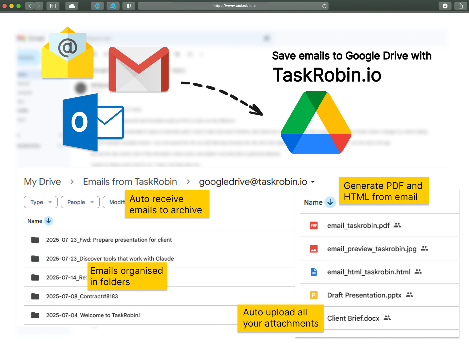 TaskRobin saves emails to Google Drive