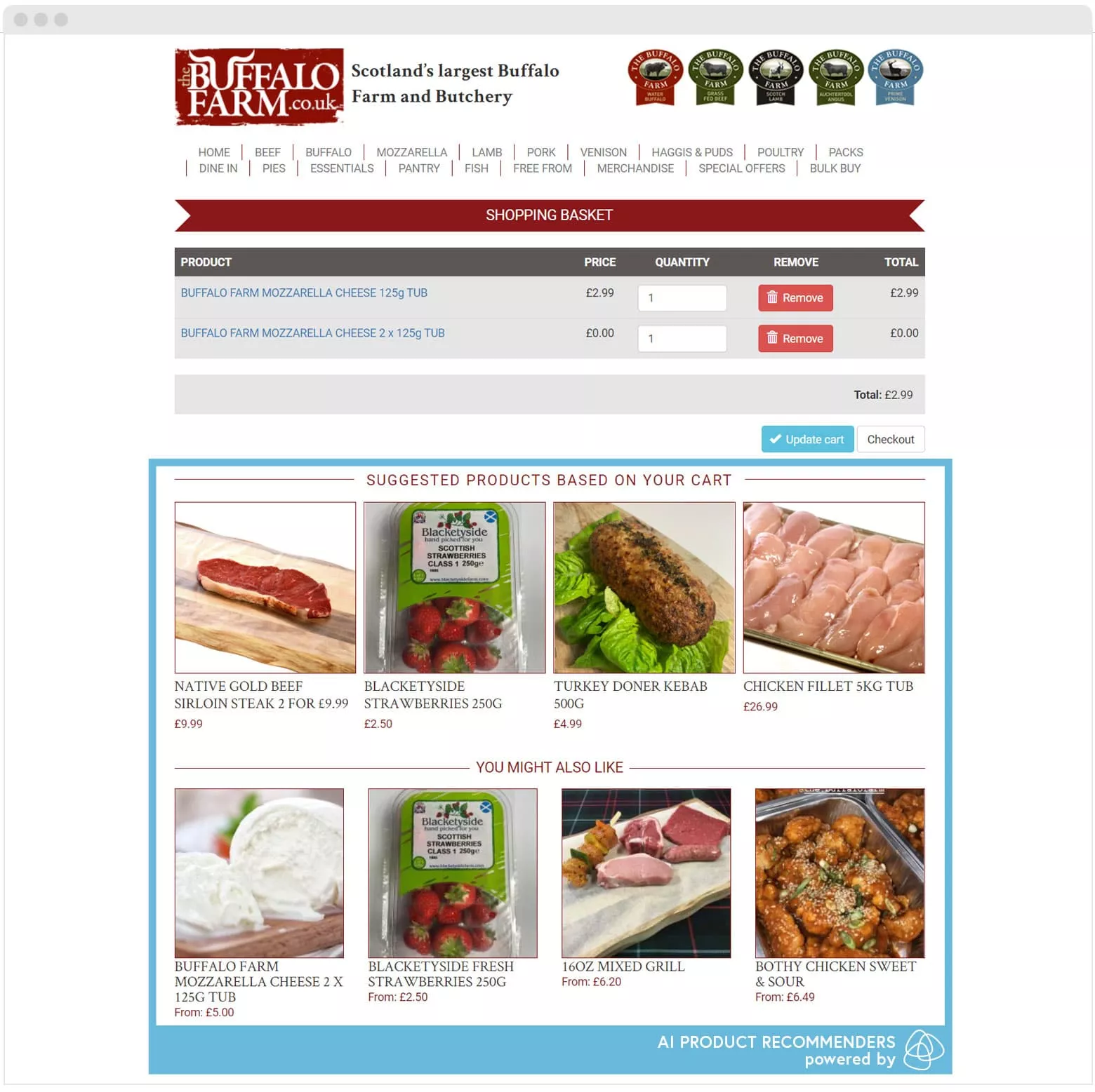 The Buffalo Farm’s use of AI product recommendations on the basket page