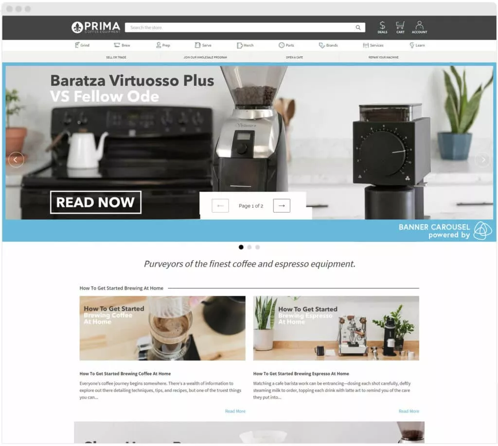 Prima Coffee’s use of banner carousels on their homepage
