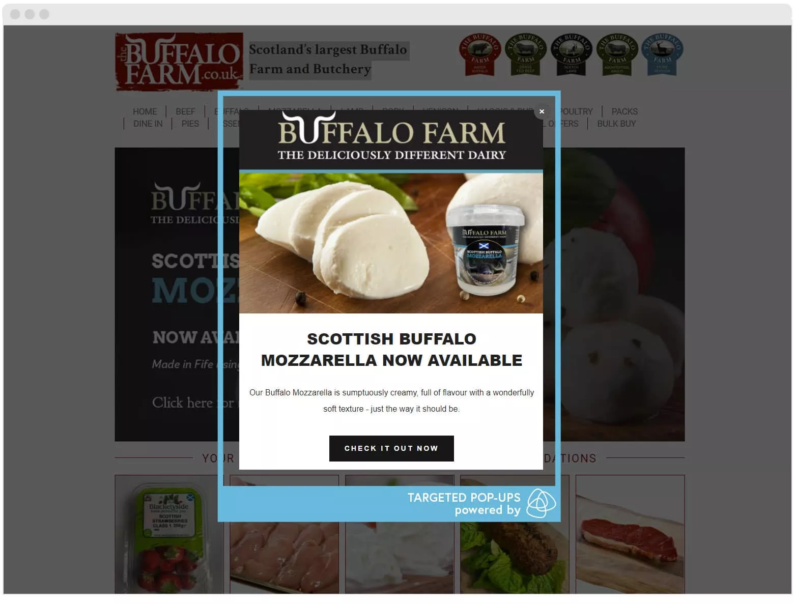 The Buffalo Farm’s use a homepage pop-up to increase product awareness